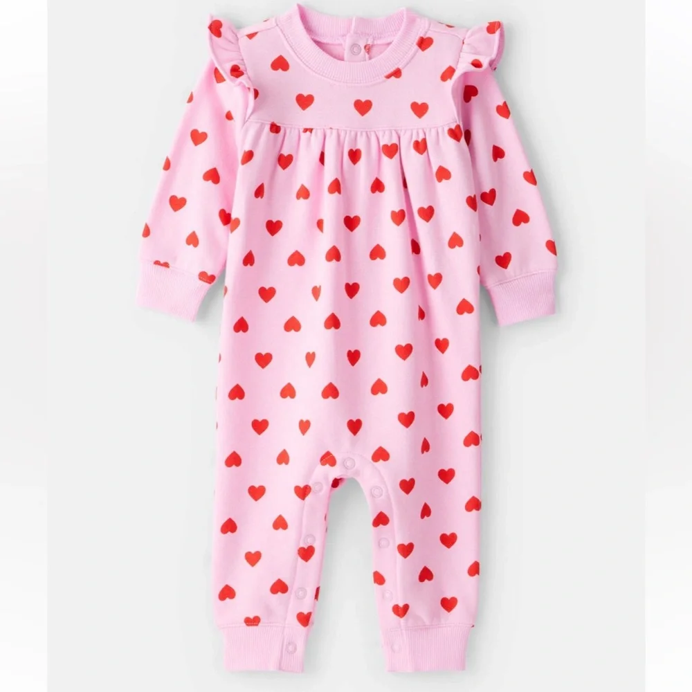 65. Carter's Pink Footie with Red Heart Pattern - Picture 1 of 1